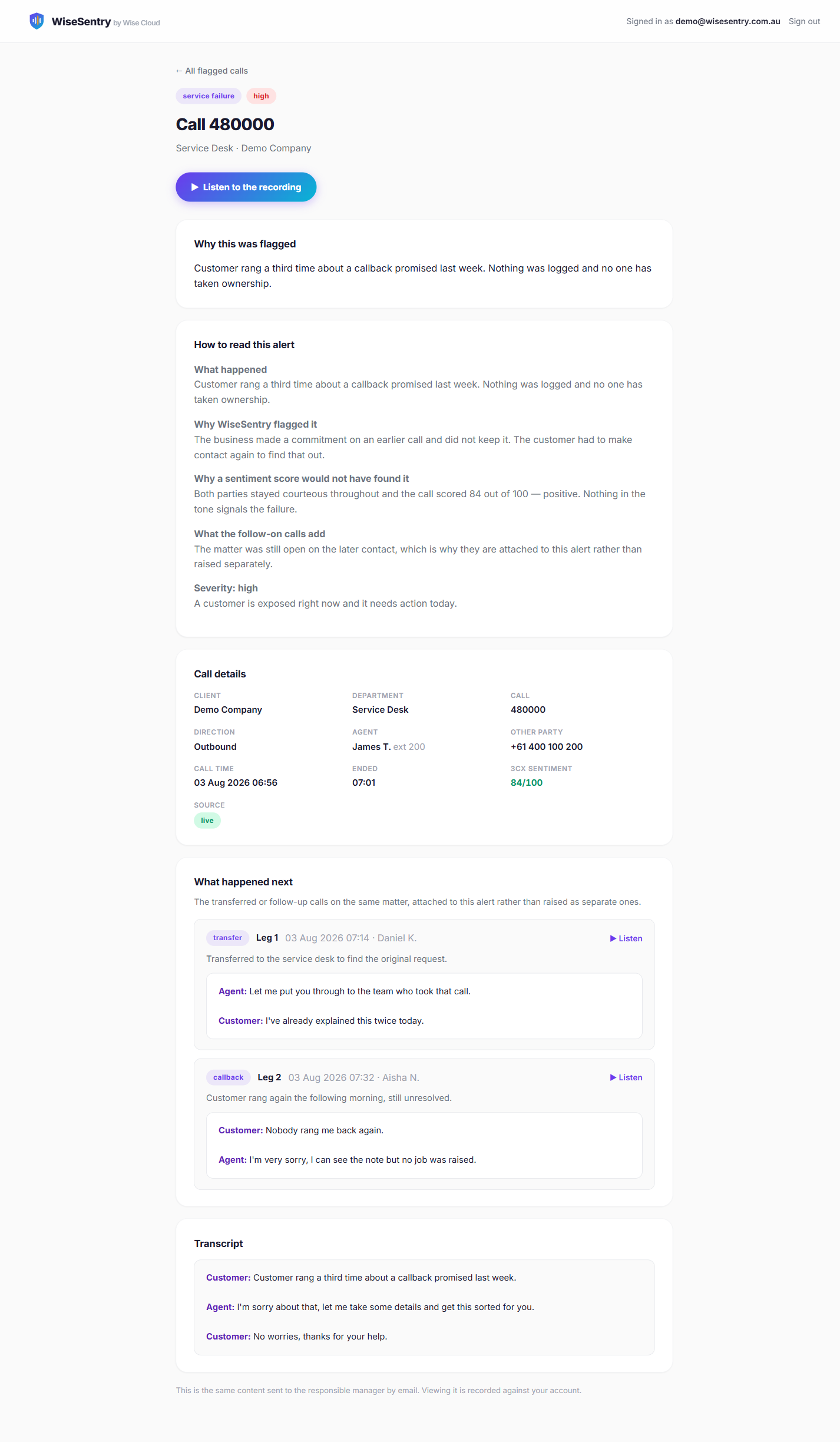 A flagged call opened in the dashboard, showing why it was flagged, the plain
                English explanation, call details, the follow-on calls attached to it, and the
                transcript.